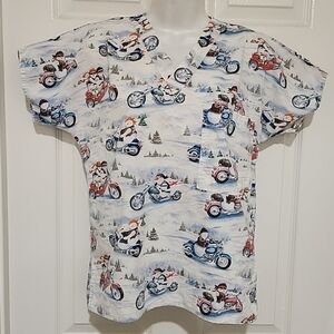 S.C.R.U.B.S. Women's Scrub Top Winter Holiday Snowman Biker Bikers Print V Neck